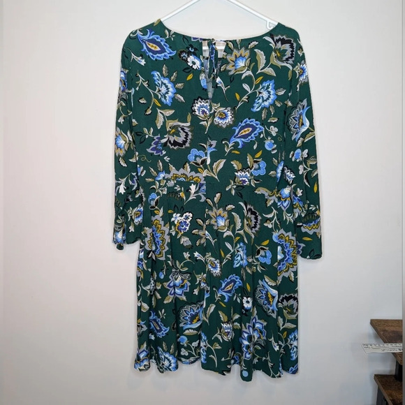 Old Navy Green Floral  Print Fit & Flare Bell Sleeve Tie Back Dress Women 14 - Picture 2 of 9